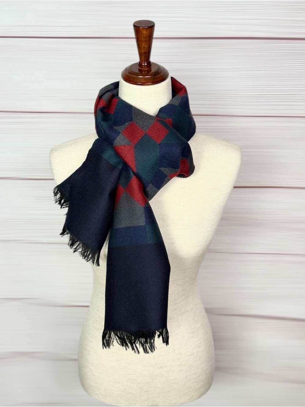 Vintage Wool Long Scarf Geometric Red Blue West Germany Men's Women's Winter